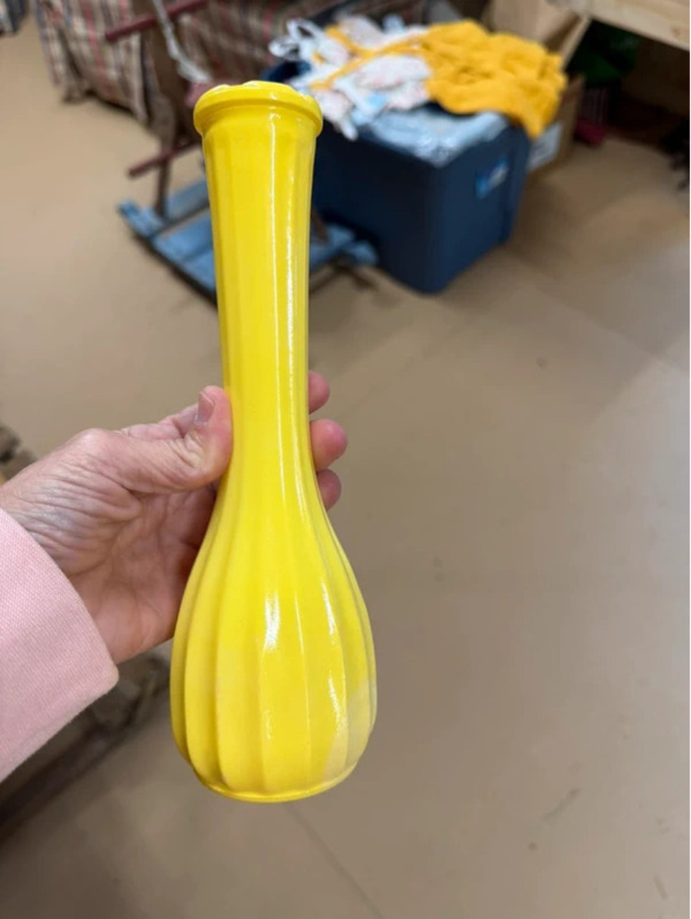 Vintage Yellow Milk Glass Bud Vase: Ribbed Tapered Vase, 8 3/4" Tall